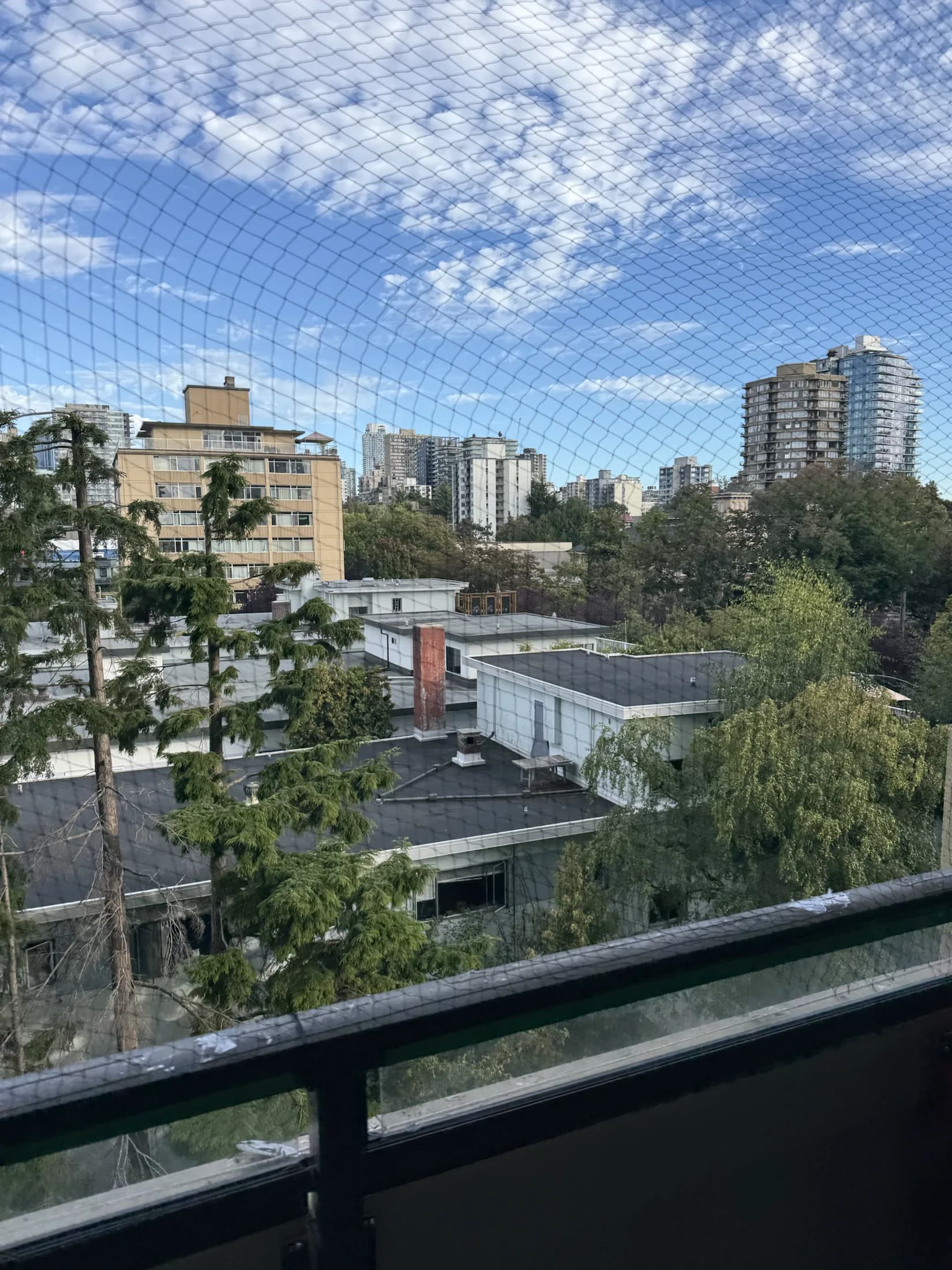 Wide interior view of completed balcony bird netting