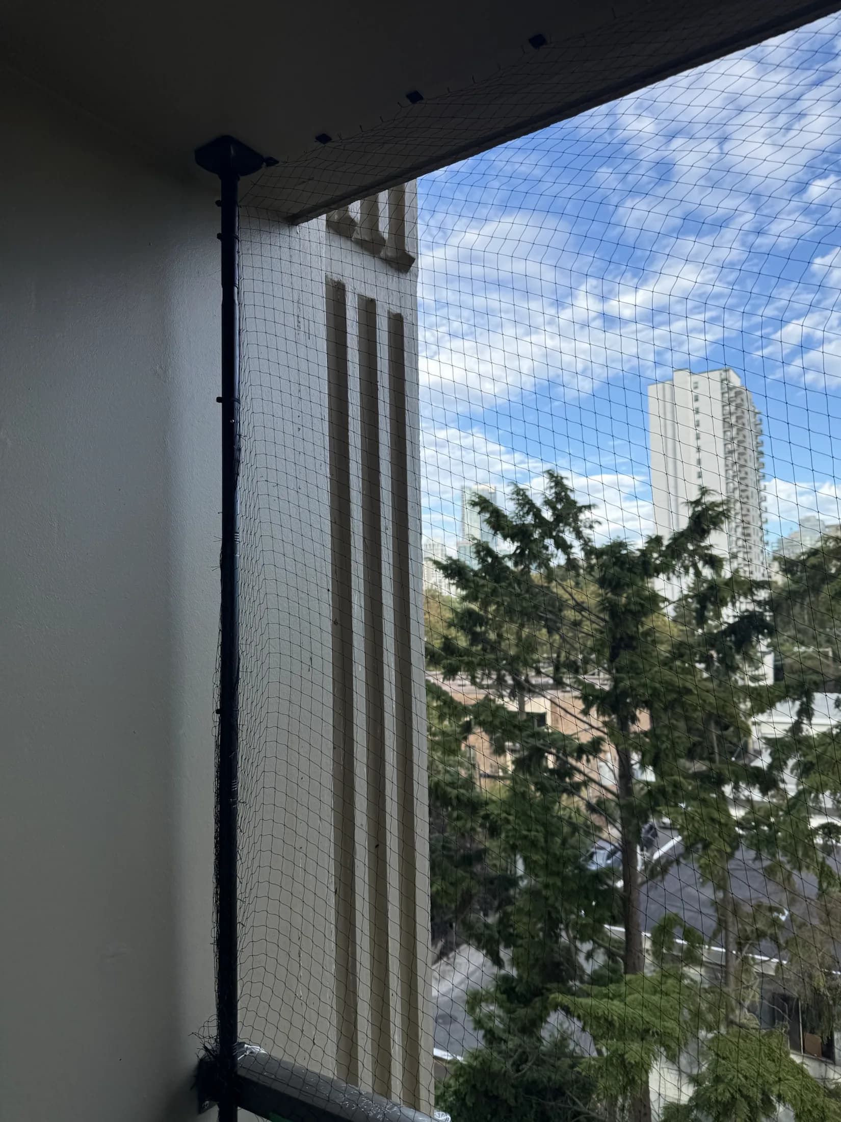 Completed black balcony bird netting installed with the Vancouver skyline beyond